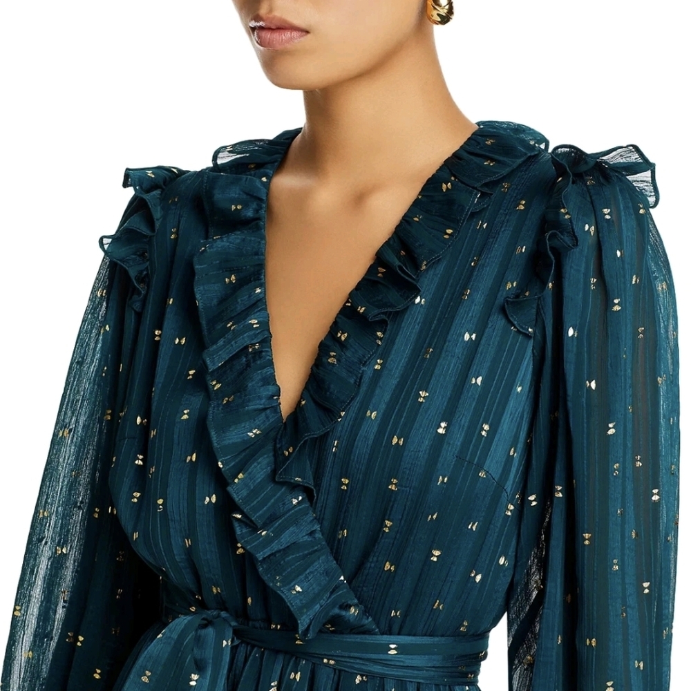 Aqua Ruffle Trim Clip Dot Long Sleeve Midi Wrap Dress, Teal Green & Gold, XS - Picture 2 of 16